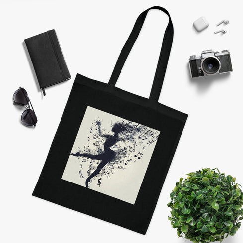 Dance Symphony Tote Bag in Black Cotton with Dancer Silhouette