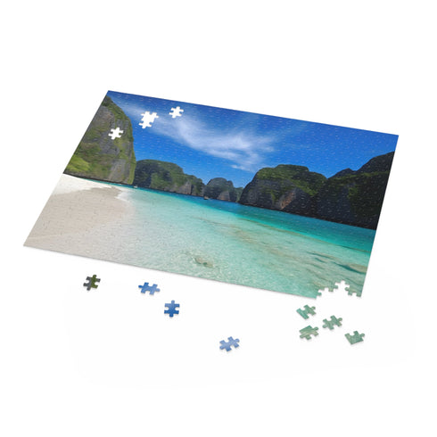 Vibrant Maya Bay jigsaw puzzle with crystal-clear waters and lush greenery.