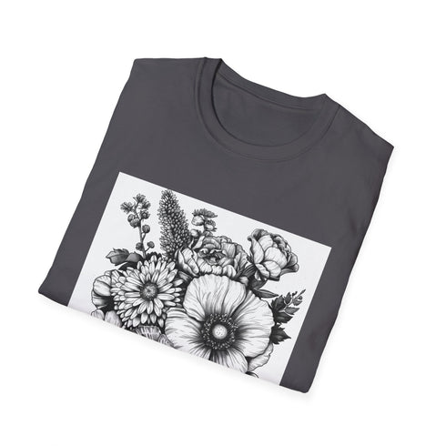 Hand-drawn floral charcoal T-shirt showcasing vivid blooming nature on soft cotton