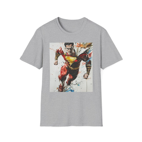 Shazam superhero Charcoal T-shirt, iconic lightning-charged design, perfect for everyday wear.