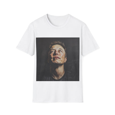 Galactic Visionary Elon Musk Tee in Charcoal, Size S, Crew Neck.