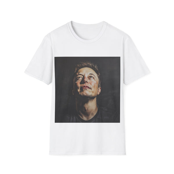 Galactic Visionary Elon Musk Tee in Charcoal, Size S, Crew Neck.