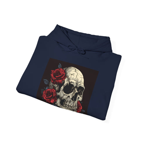 Gothic navy hoodie with skull and rose design.