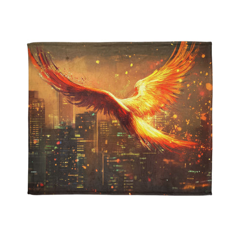Digital Phoenix in Urban Skyline Plush Fleece Throw Blanket
