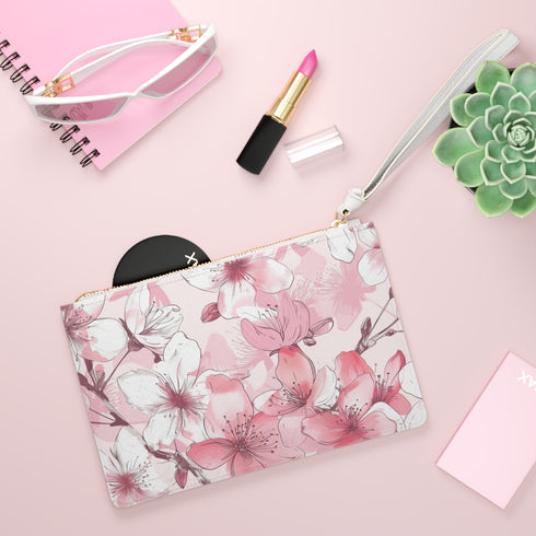 Pink and white cherry blossom vegan clutch bag made in the USA