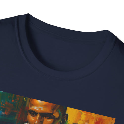 Charcoal cotton T-shirt with Harry Belafonte portrait capturing rhythmic spirit