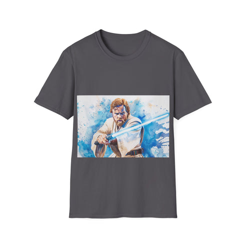 Blue lightsaber graphic tee in charcoal with Obi Wan Kenobi design.