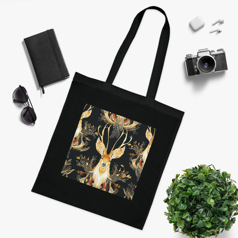 Whimsical black cotton jackalope tote bag with seamless pattern.