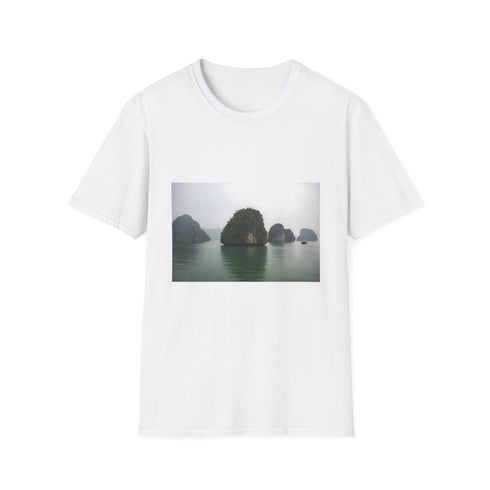 Charcoal cotton T-shirt featuring serene sea lime green Halong Bay design