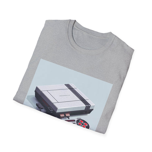 Retro gaming console and pixel art charcoal t-shirt for men.