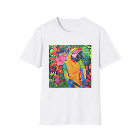 Colorful tropical parrot graphic on charcoal cotton crew neck t-shirt