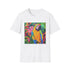 Colorful tropical parrot graphic on charcoal cotton crew neck t-shirt