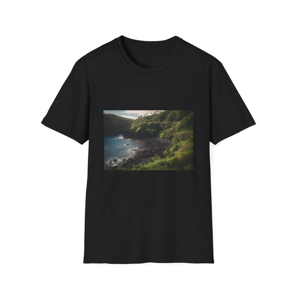 Charcoal cotton crew neck T-shirt with Maui nature-inspired print