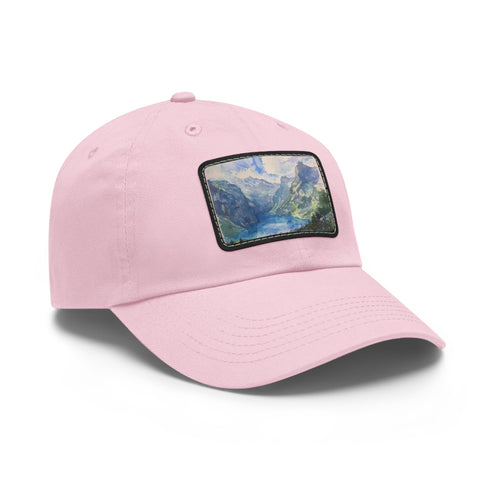 Swiss Alps watercolor baseball cap with unique design, white/light brown patch.