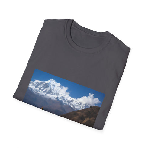 Mountain-inspired charcoal cotton tee with Himalayan trail graphic.