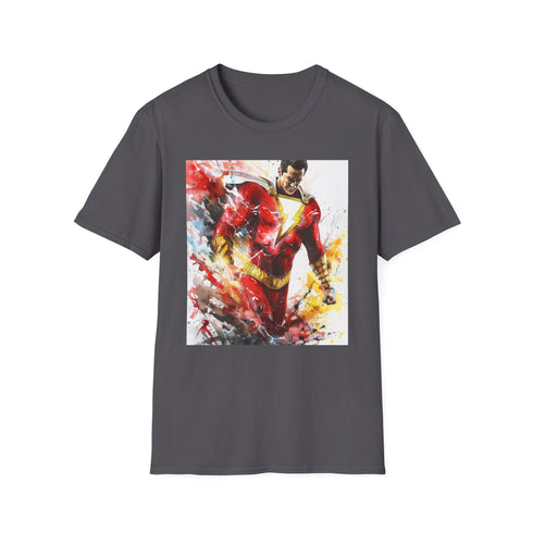 Shazam superhero t-shirt in charcoal, crew neck, lightning design.