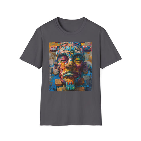 Charcoal cotton T-shirt features vibrant neon tribal mask painting design