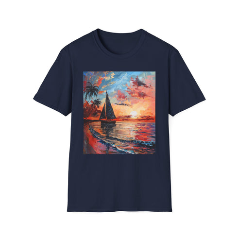 Charcoal cotton T-shirt with Boracay sunset graphic and crew neck design