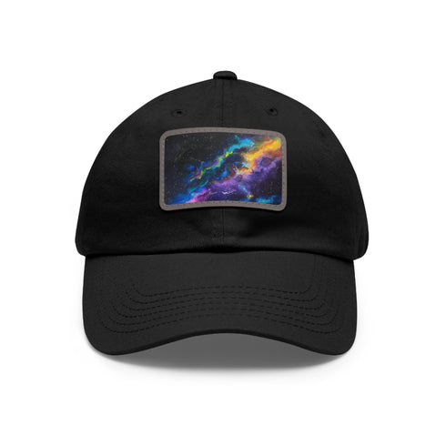 Neon galaxy snapback cap with white/light brown patch, unisex.
