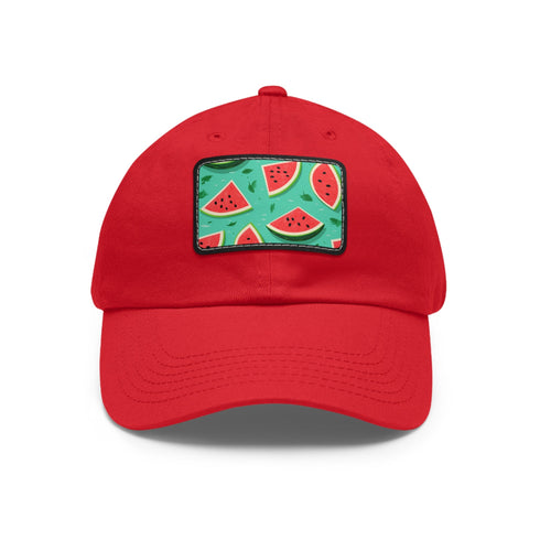 Watermelon print Hawaiian cap with light brown patch, rectangle shape.