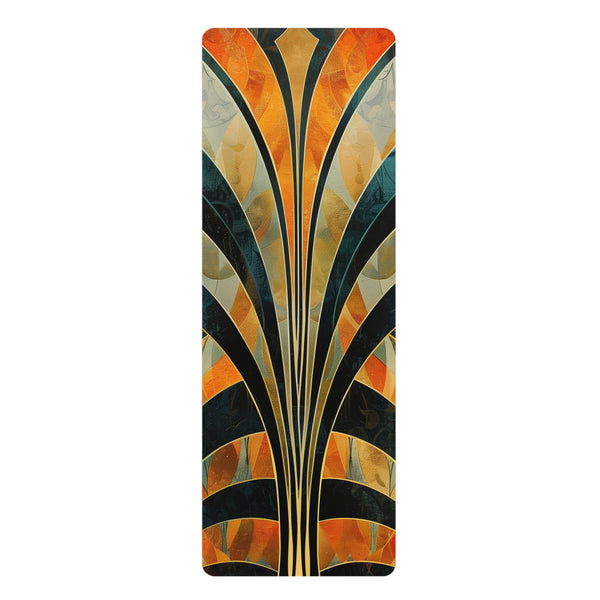 Stylish rubber yoga mat with abstract art deco patterns for practice.