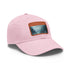 White cotton baseball cap with mystical horizon landscape design.