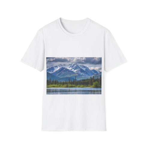 Alaska watercolor tee, charcoal, crew neck, nature-inspired design.