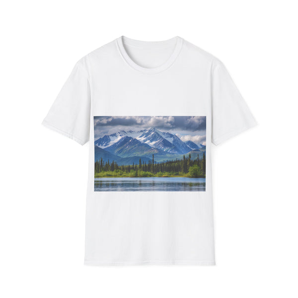 Alaska watercolor tee, charcoal, crew neck, nature-inspired design.
