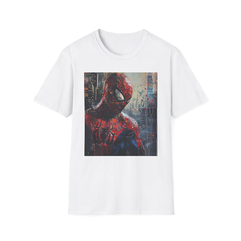 Charcoal cotton T-shirt with vibrant Spider-Man painting capturing dynamic action