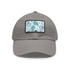 White baseball cap with mesmerizing ice blue water color pattern.