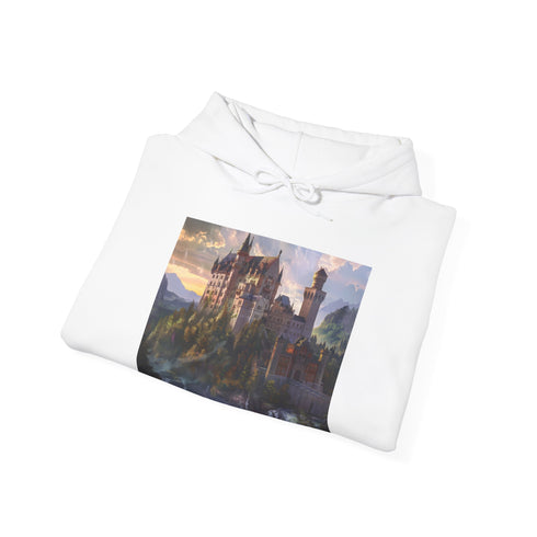 Navy mystical castle fantasy hoodie, regular fit, unisex, enchanting design.