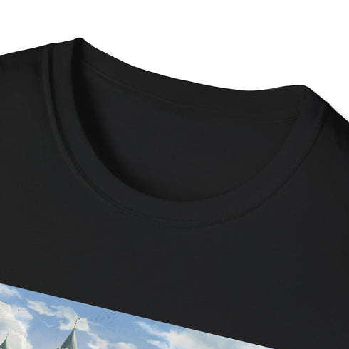 Fantasy castle graphic t-shirt in charcoal, enchanting and mythical design.