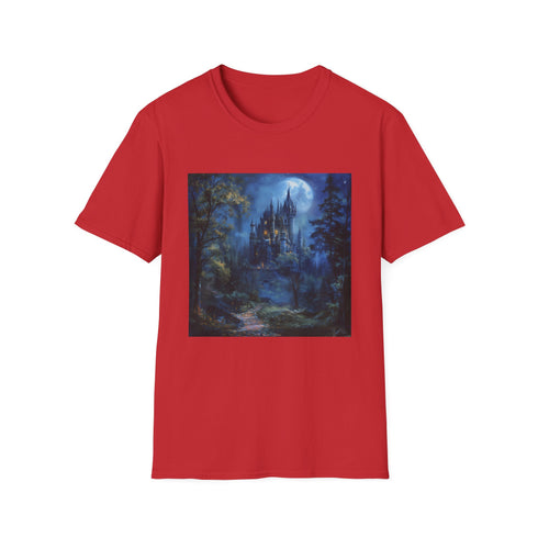 Charcoal cotton t-shirt with moonlit castle graphic and regular fit