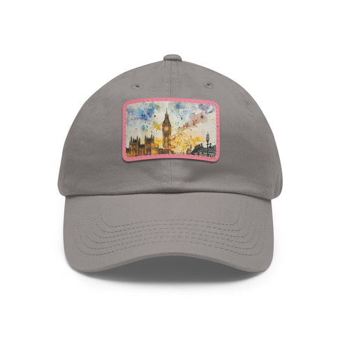 London skyline watercolor baseball cap with light brown rectangle patch.