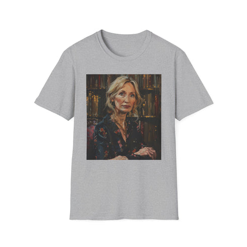Charcoal cotton T-shirt featuring vibrant portrait of J.K. Rowling