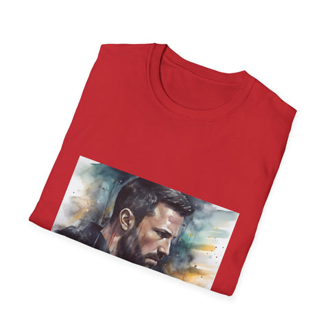 Dark charcoal T-shirt with watercolor Batman graphic and crew neck design