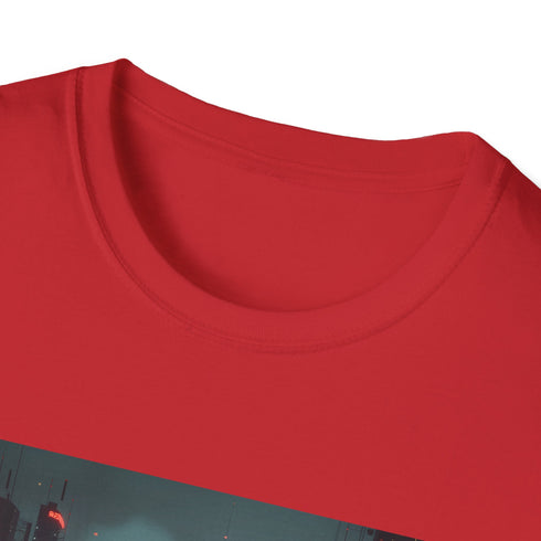 Cyberpunk charcoal T-shirt with neon cityscape design in soft cotton fabric