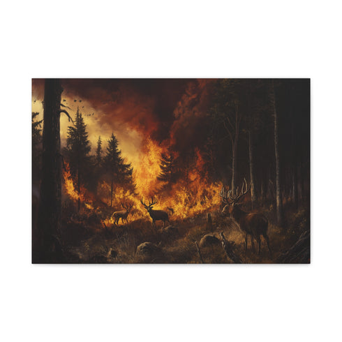 A Forest Fire Raging with Wildlife Fleeing Stretched Canvas Wall Art
