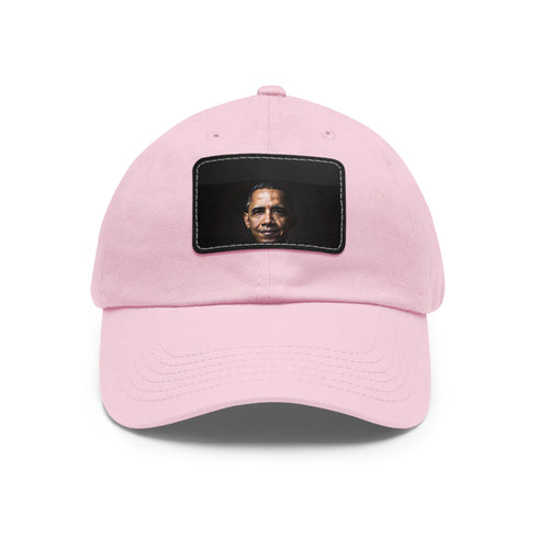 Barack Obama themed white baseball cap with light brown patch.