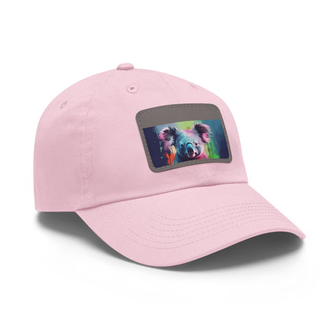 Koala watercolor baseball cap in white with light brown patch.