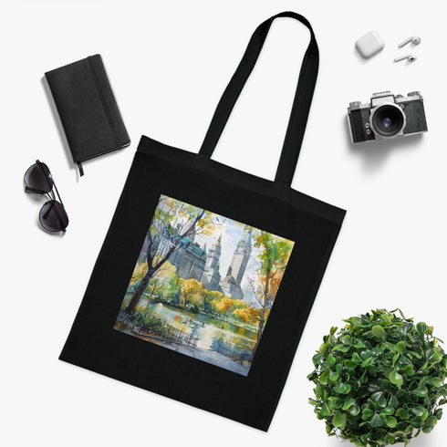 Central Park Serenity Tote Bag in Black Cotton featuring tranquil watercolor.
