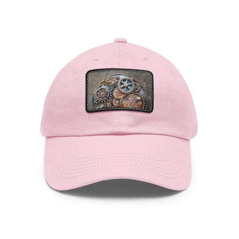 Steampunk themed baseball cap with gear and cog design.