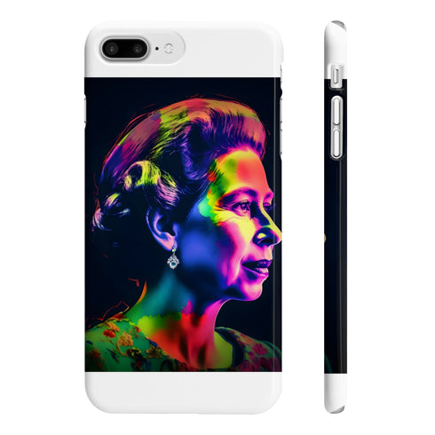 Neon watercolor young Queen Elizabeth phone case, glossy iPhone 7/8 Plus.