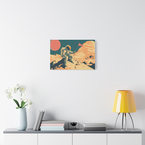 Astronaut Planting Flag on Strange Planet Stretched Canvas Wall Art