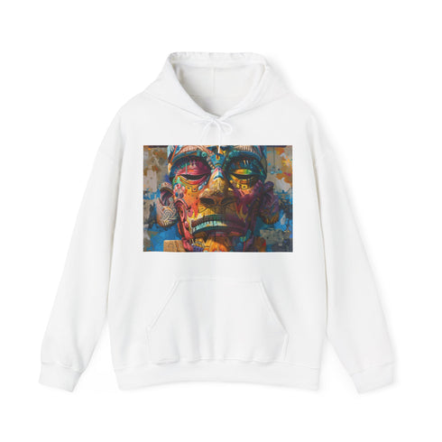 Tribal neon mask hoodie in navy, size S for men and women.