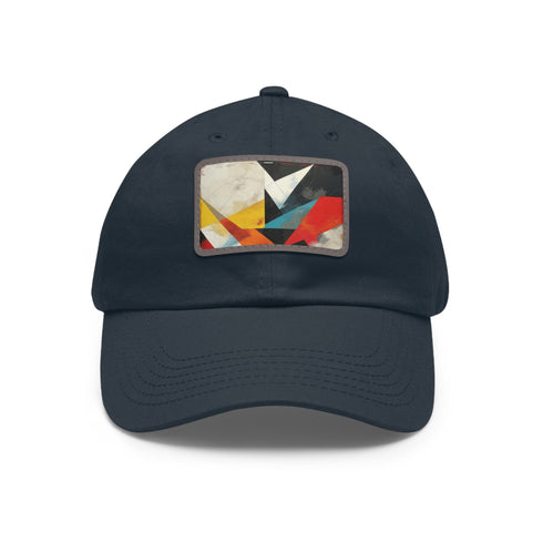 Abstract geometric design white baseball cap with light brown patch.