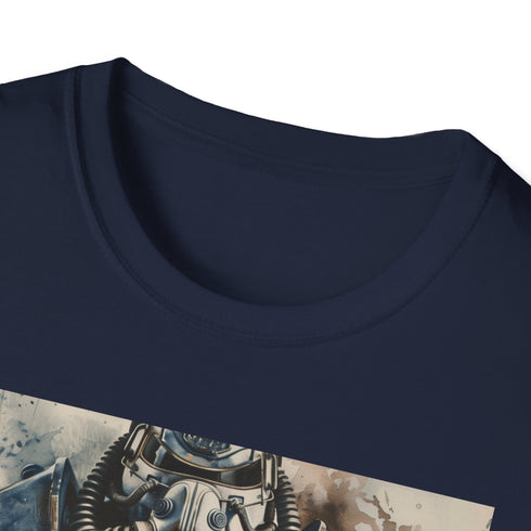 Charcoal crew neck t-shirt featuring vibrant watercolor of Fallout Power Armor
