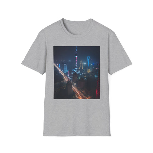 Shanghai Nights watercolor tee in Charcoal, size S, captures city lights.