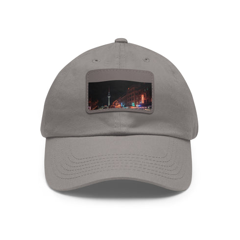 White Berlin Night Skyline Baseball Cap with rectangle patch design.