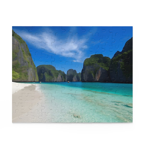 Vibrant Maya Bay jigsaw puzzle with crystal-clear waters and lush greenery.